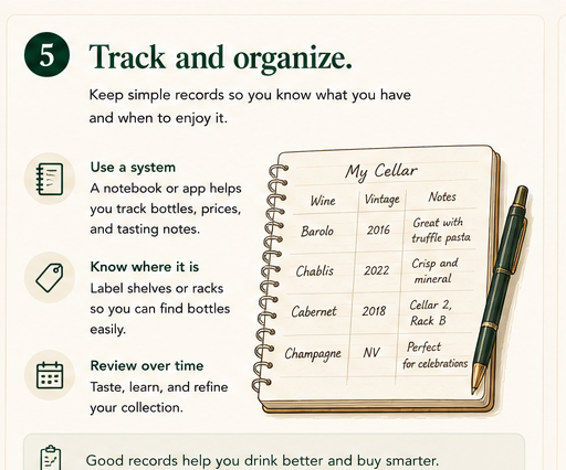 A 'My Cellar' notebook with bottle, vintage, and tasting note columns