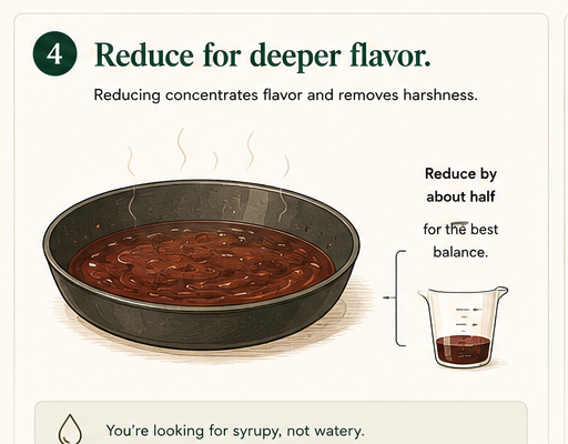 A simmering sauce reducing by half in a pan next to a measuring jug showing the new volume