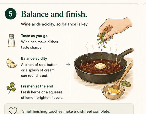 Finishing a wine-braised dish with fresh herbs, a pinch of salt, and a knob of butter