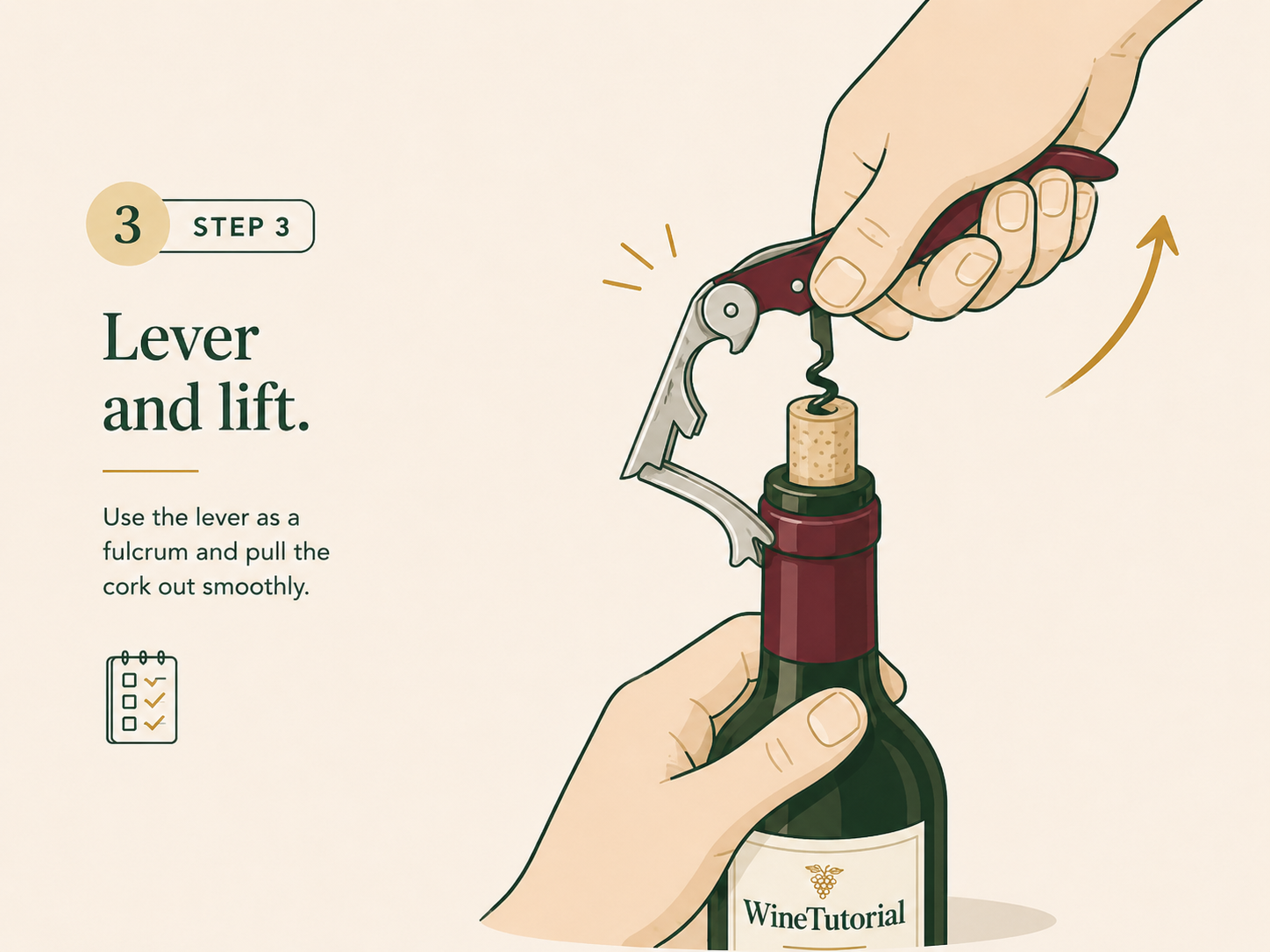 Using the waiter's-friend lever to pull the cork straight up