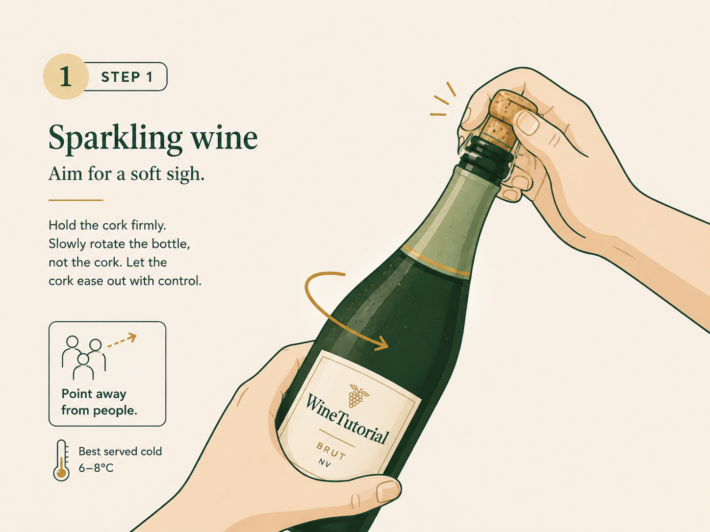 Holding the cage on a sparkling-wine cork while easing it out under the towel