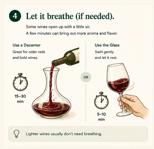 Decanting an older red wine on one side; swirling a glass to aerate on the other