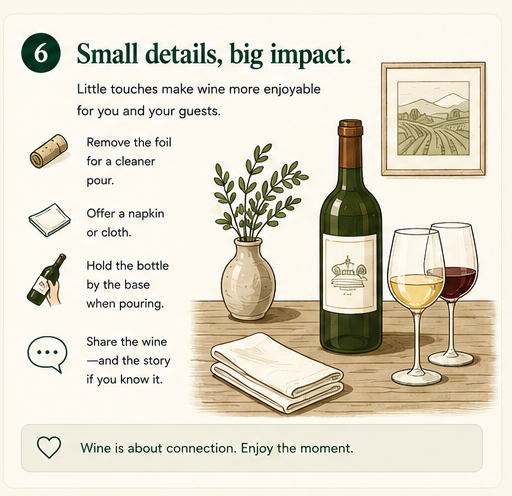 Small serving touches: cork removed, napkin folded, bottle held by the base on a clean table