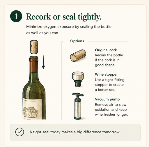 Three sealing options for an open bottle: the original cork, a wine stopper, and a vacuum pump