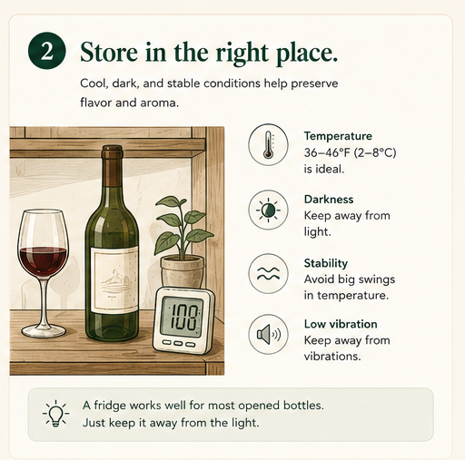 Open wine on a cool, dim shelf next to a temperature reading and stability indicators