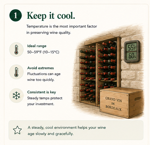 A cool wine cellar shelf with a 55F/60% humidity gauge mounted on the wall