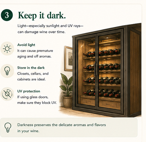 A wine cabinet with UV-protecting tinted glass doors in a dim room