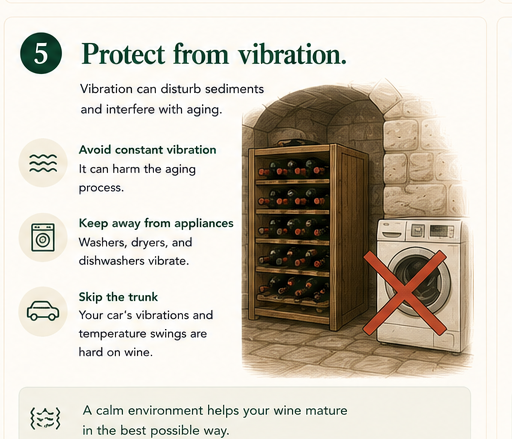 Wine rack kept away from a vibrating washing machine in a utility room