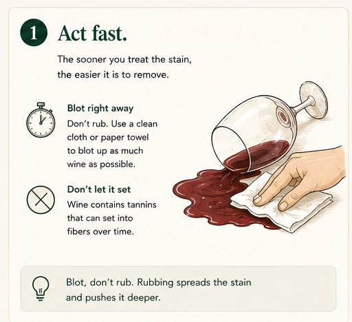 A toppled wine glass with a hand pressing a clean cloth into the fresh red stain