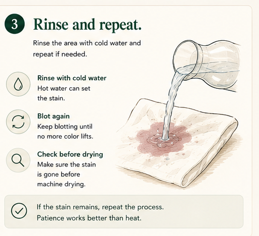 Pouring cold water through stained fabric to flush remaining wine
