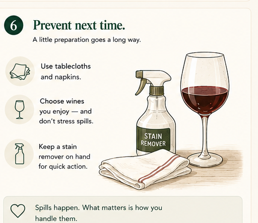 A stain-remover spray and folded napkin next to a freshly poured glass of red